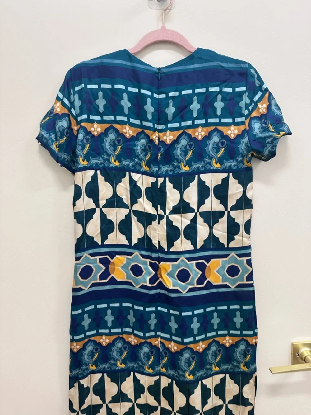 La DoubleJ Geometric Print Silk Swing Dress Small Green - Picture 2 of 11